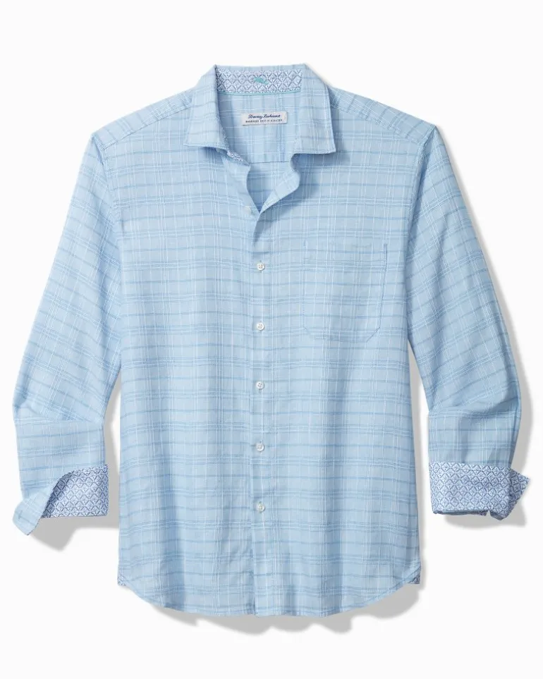 Online Tommy Bahama Barbados Breeze Playa Plaid Stretch-Linen Long-Sleeve Shirt Aqua Ice