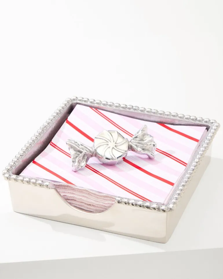 New Tommy Bahama Beaded Peppermint Napkin Box Set Silver