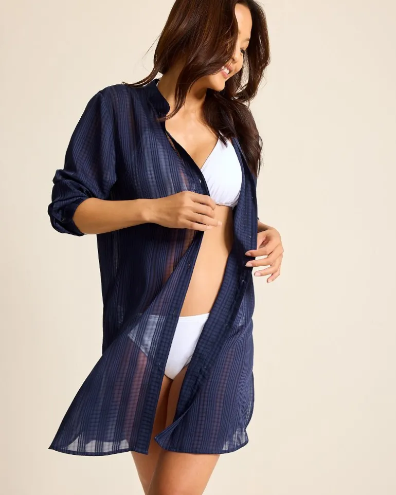 Discount Tommy Bahama Cadiz Chiffon Boyfriend Beach Shirt Mare Navy