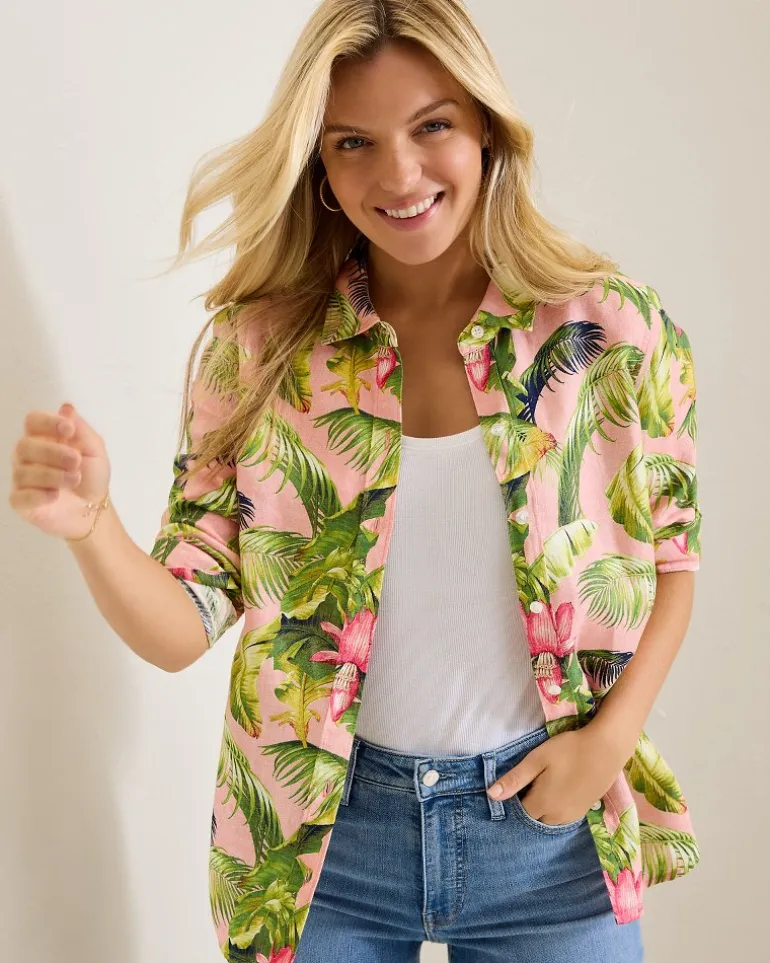 Discount Tommy Bahama Coastalina Frond Royal Linen Shirt Coral Haze