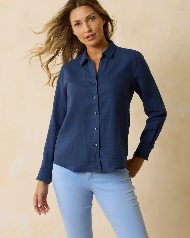 Shop Tommy Bahama Coastalina Linen Long-Sleeve Shirt Island Navy