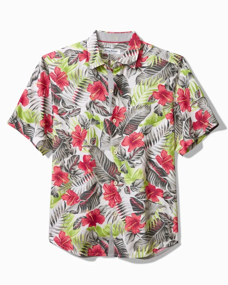 New Tommy Bahama Coconut Point Hibiscus Shores IslandZone® Camp Shirt Summer Grey