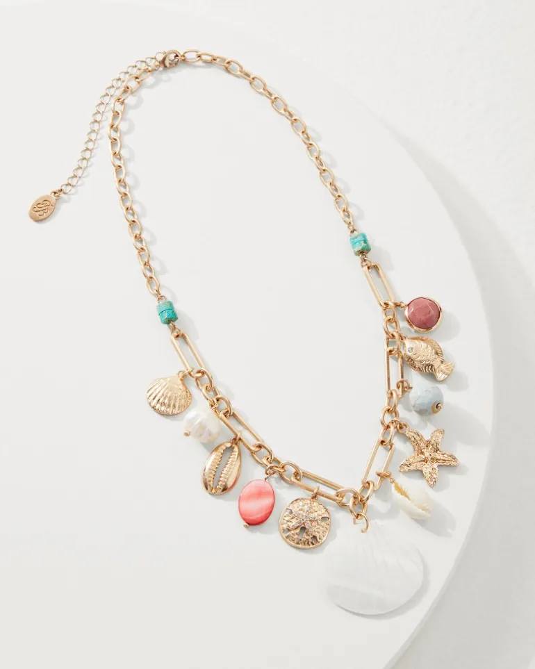 New Tommy Bahama Coral Isles Sealife Charm Statement Necklace Gold