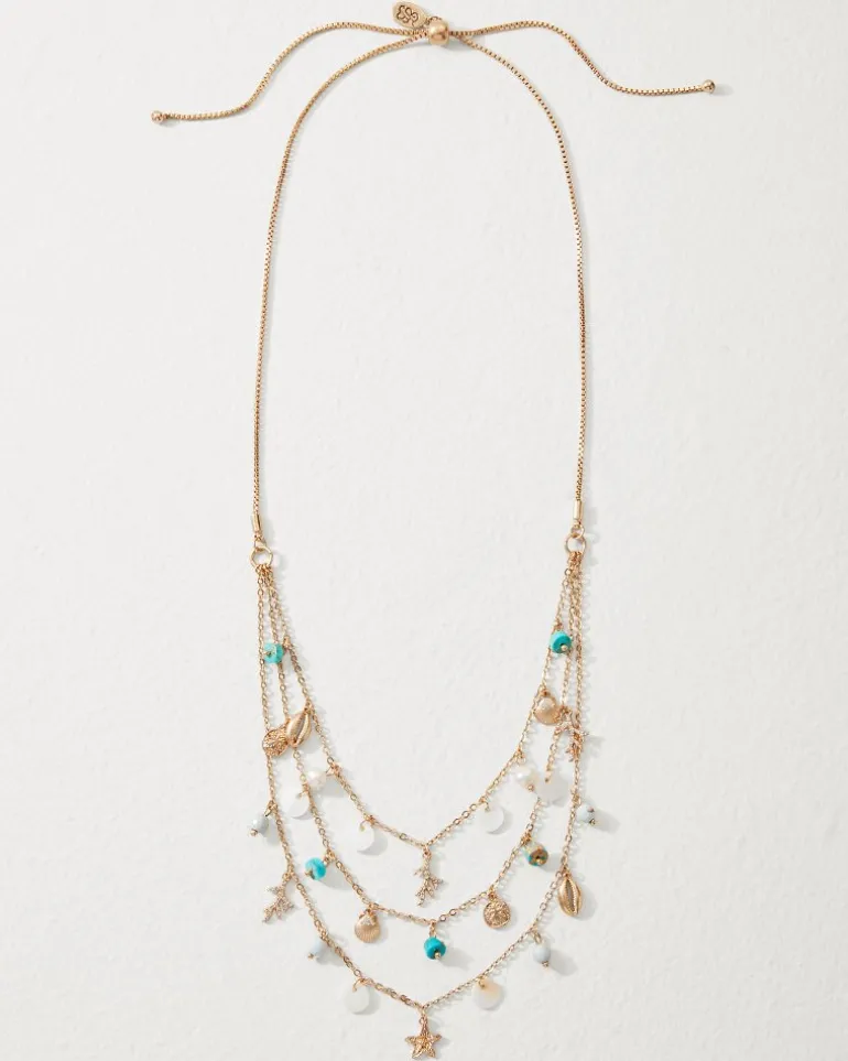 New Tommy Bahama Coral Isles Semi-Precious Stone & Pearl Layered Necklace Gold