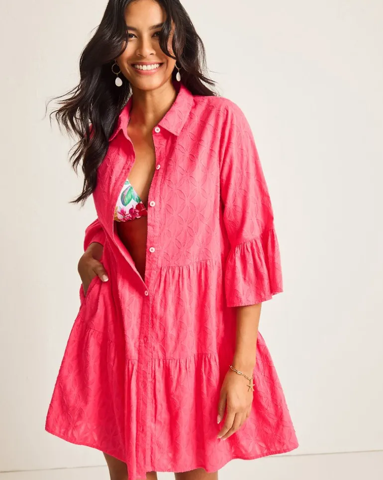 Cheap Tommy Bahama Cotton Clip Jacquard Coverup Shirt Dress Coral Coast