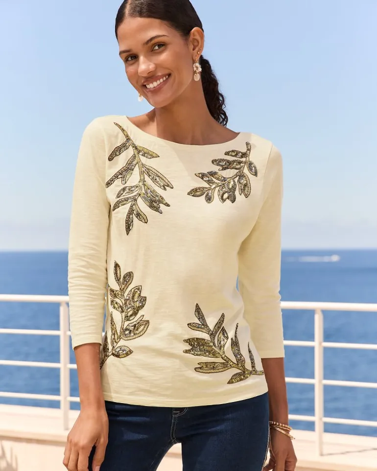 Best Sale Tommy Bahama Forever Fronds Embellished Lux 3/4-Sleeve T-Shirt Coconut