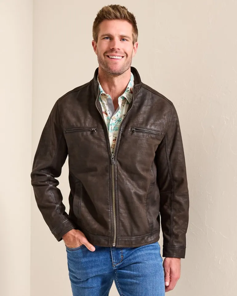 New Tommy Bahama Highland Rocker Leather Jacket Dark Brown