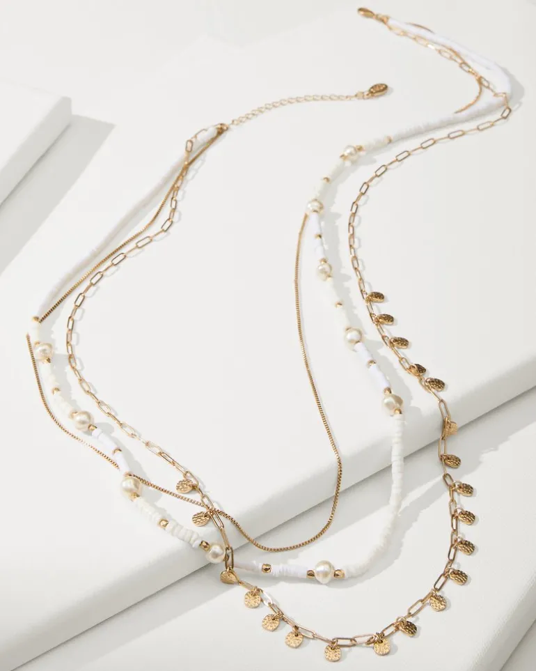 New Tommy Bahama Indigo Bay Heishi & Pearl Layered Long Necklace White/Gold