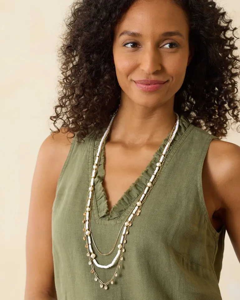New Tommy Bahama Indigo Bay Heishi & Pearl Layered Long Necklace White/Gold