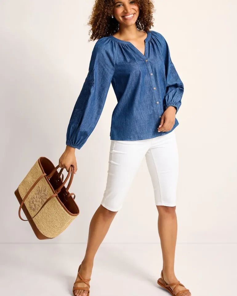 Shop Tommy Bahama Indigo Cove Embroidered Blouse Dark Sky Wash