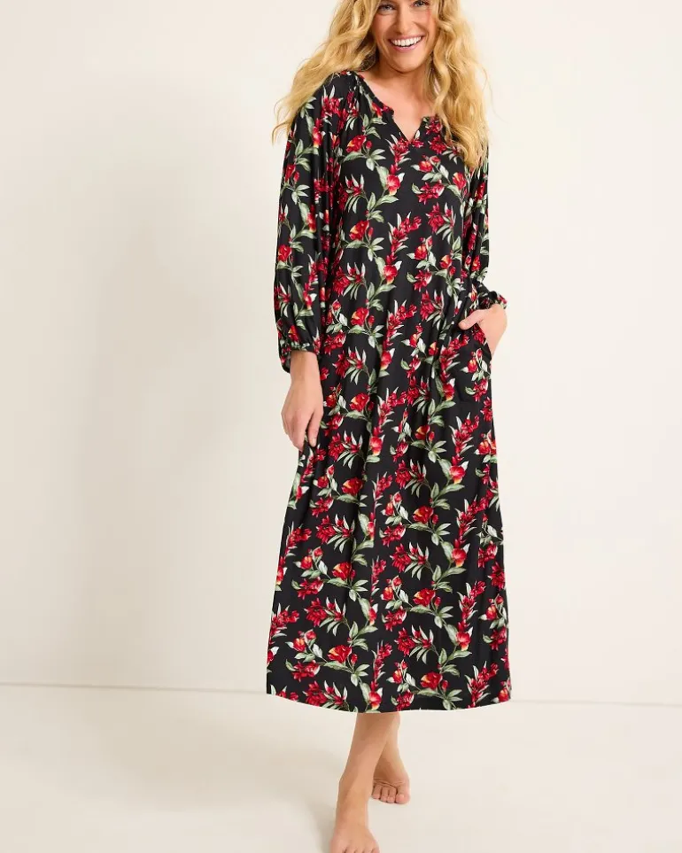 Outlet Tommy Bahama Jersey Long-Sleeve Maxi Sleep Dress Black Cherry