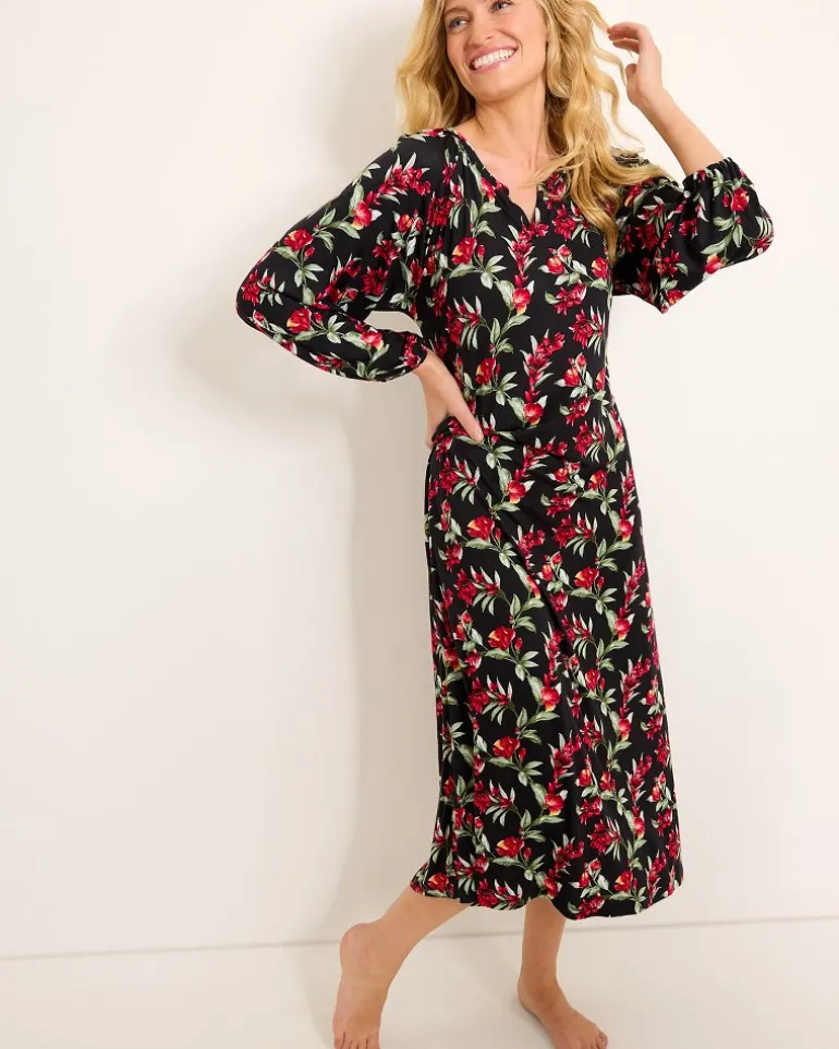 Outlet Tommy Bahama Jersey Long-Sleeve Maxi Sleep Dress Black Cherry