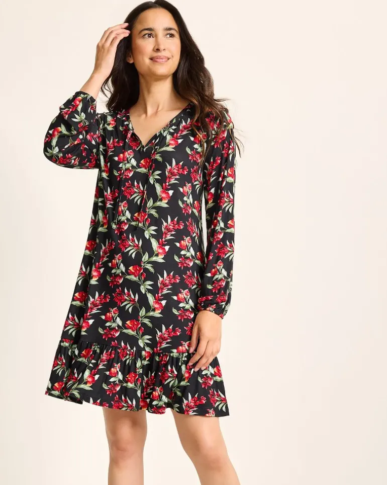 New Tommy Bahama Jersey Long-Sleeve Short Sleep Dress Black Cherry