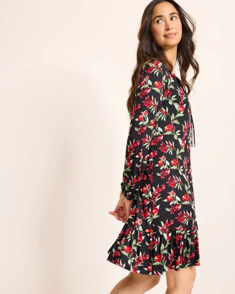 New Tommy Bahama Jersey Long-Sleeve Short Sleep Dress Black Cherry