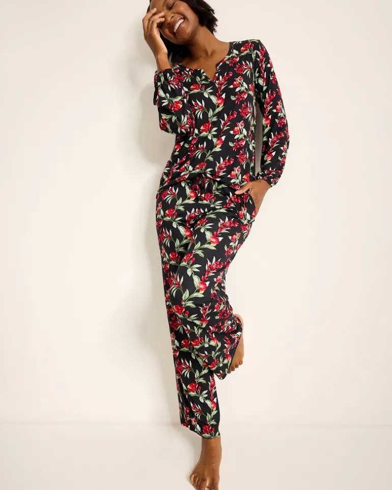Sale Tommy Bahama Jersey Split-Neck Long Sleeve & Pants Pajama Set Black Cherry