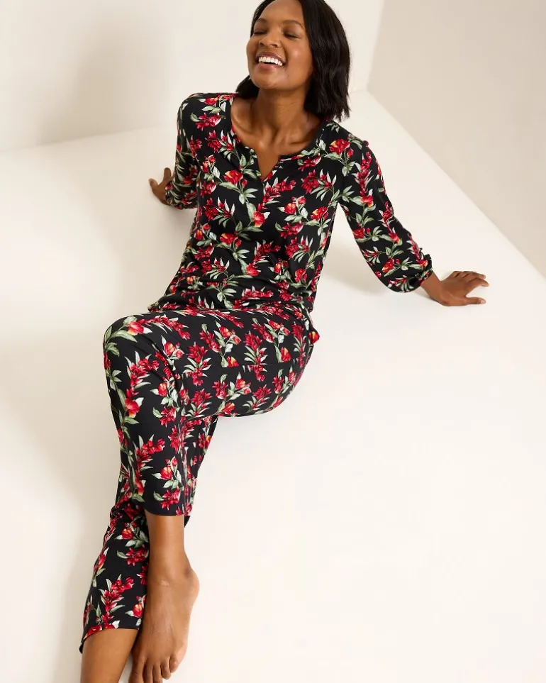 Sale Tommy Bahama Jersey Split-Neck Long Sleeve & Pants Pajama Set Black Cherry