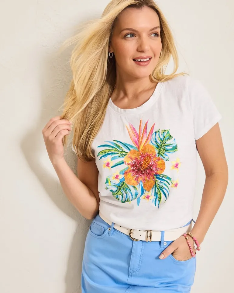 New Tommy Bahama Jewel of the Jungle Embellished Lux T-Shirt White