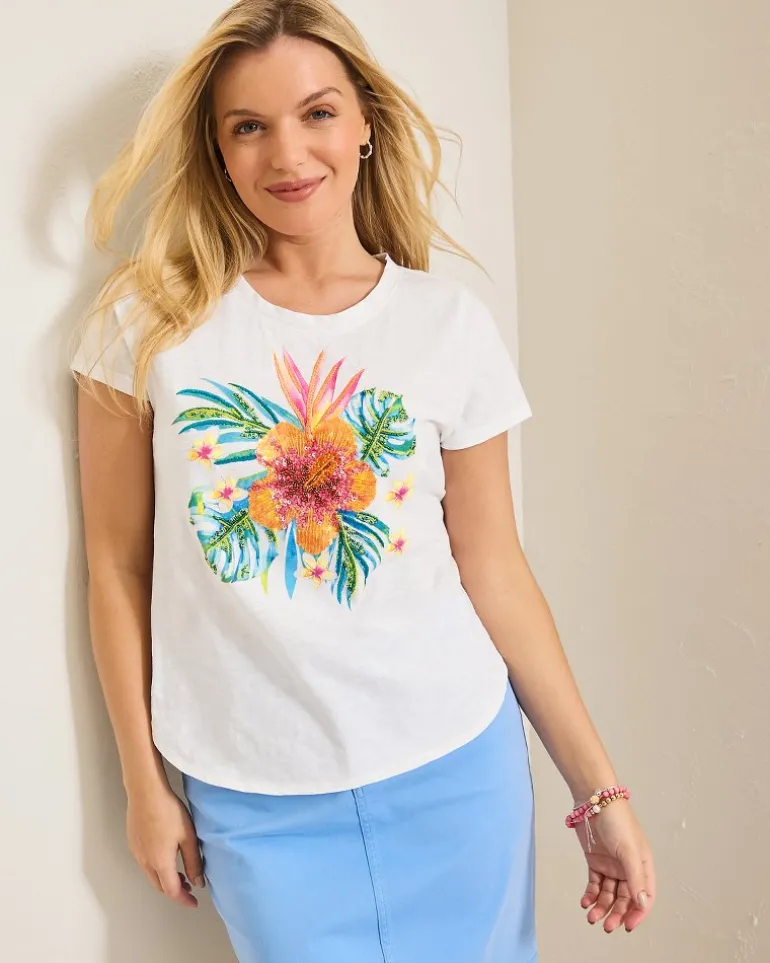 New Tommy Bahama Jewel of the Jungle Embellished Lux T-Shirt White