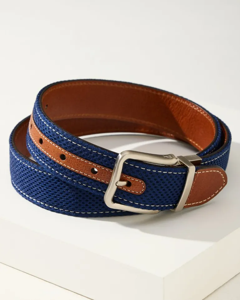 New Tommy Bahama Leather Mesh Reversible Performance Belt Navy/Tan