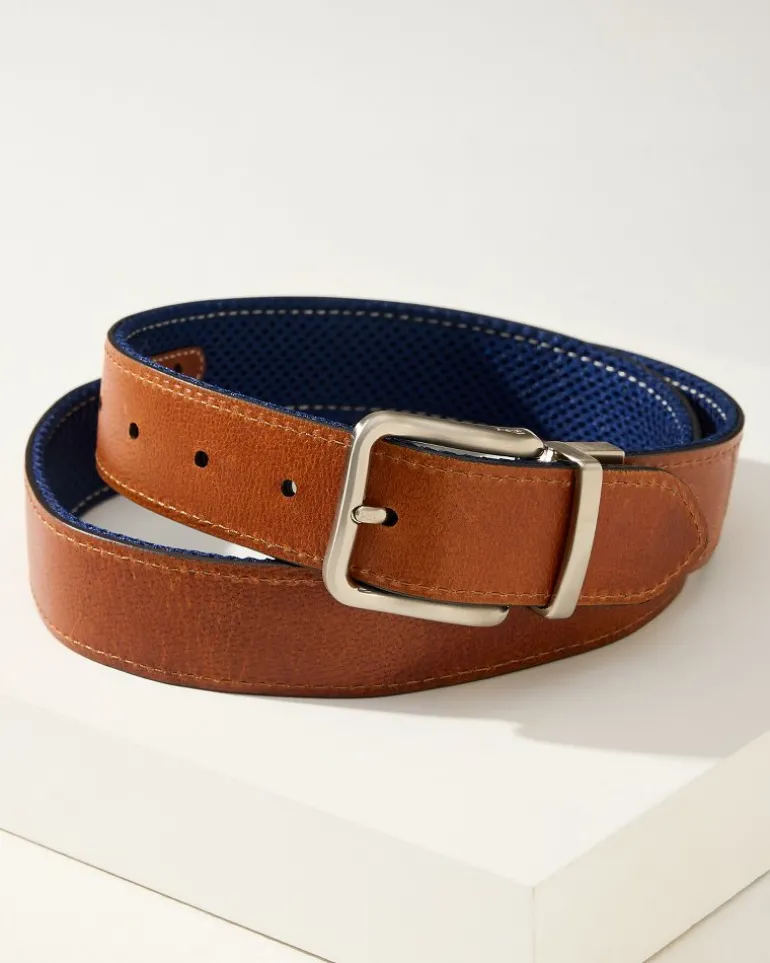 New Tommy Bahama Leather Mesh Reversible Performance Belt Navy/Tan