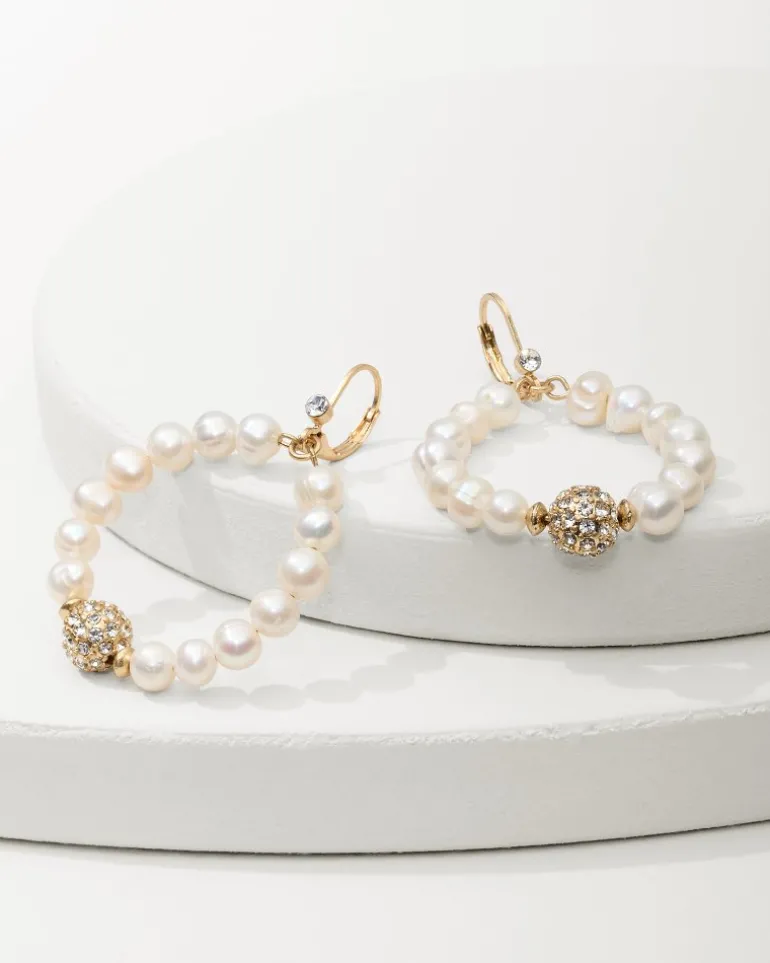 New Tommy Bahama Madeira Pearl Statement Drop Hoop Earrings Gold