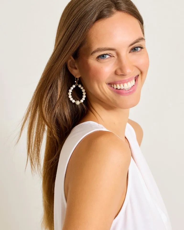 New Tommy Bahama Madeira Pearl Statement Drop Hoop Earrings Gold