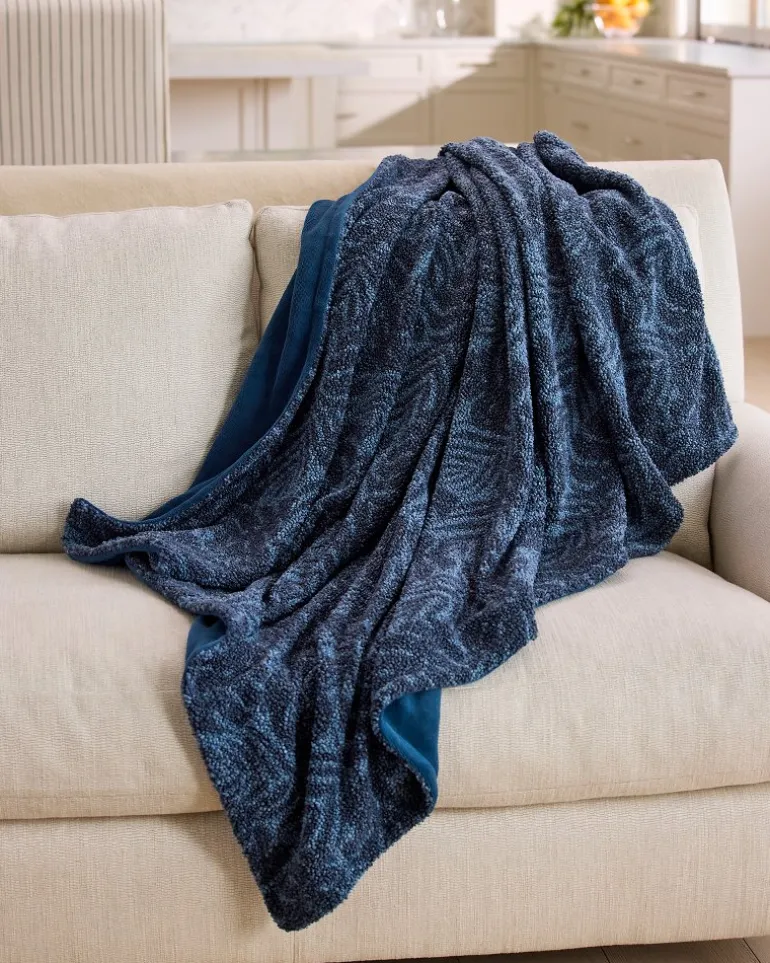 Online Tommy Bahama Palm Fronds Faux Teddy Throw Navy