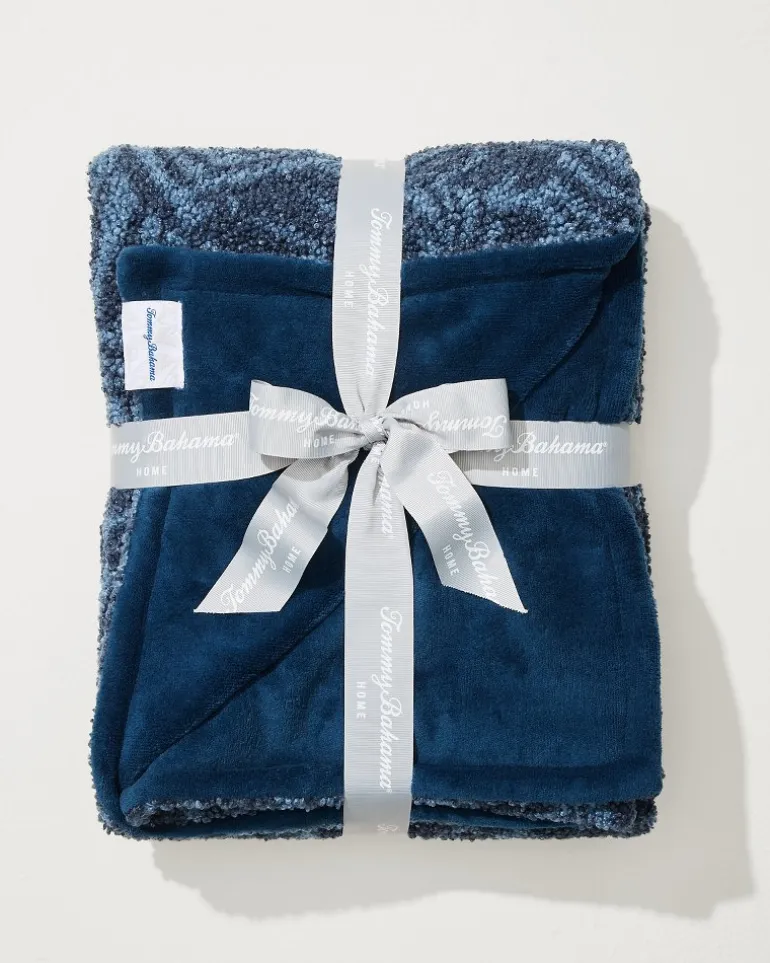 Online Tommy Bahama Palm Fronds Faux Teddy Throw Navy