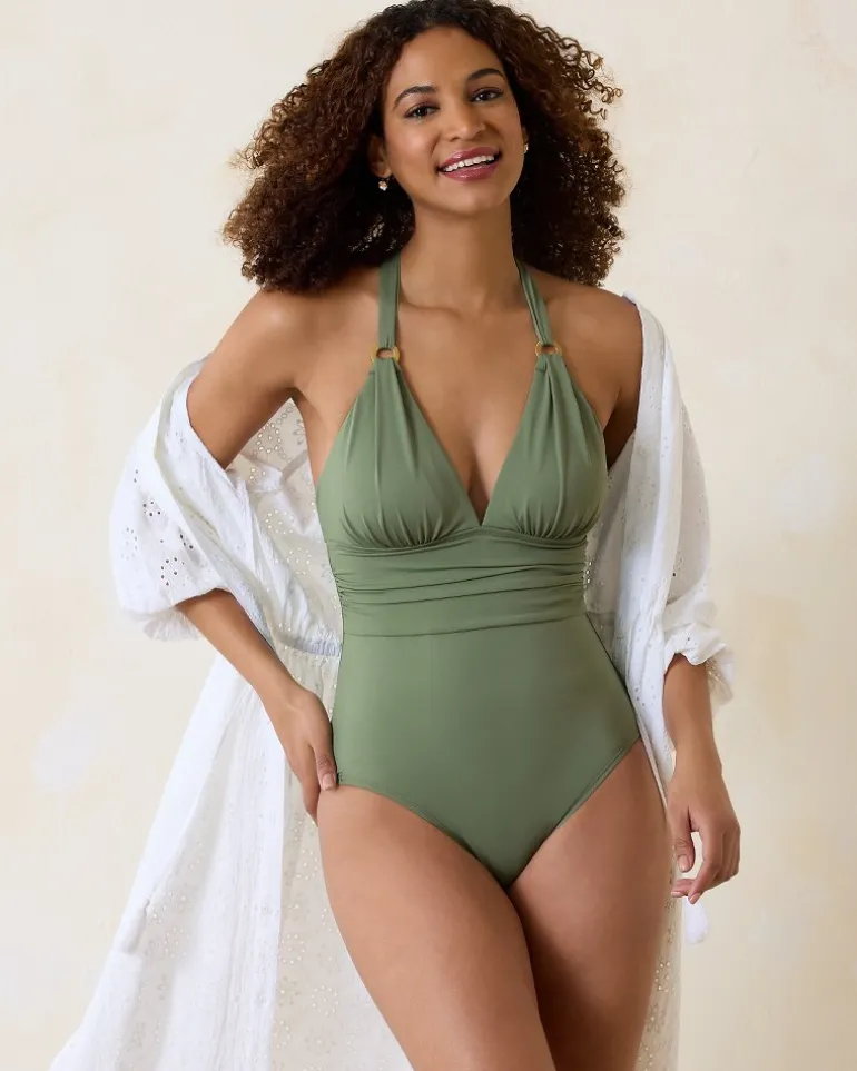 Best Tommy Bahama Paradise Fronds V-Neck One-Piece Swimsuit Tea Leaf