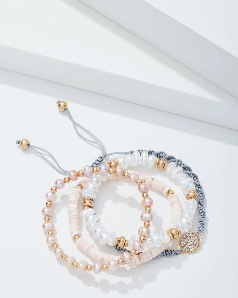 New Tommy Bahama Sanibel Island Heishi and Pearl Bracelet Set Gold
