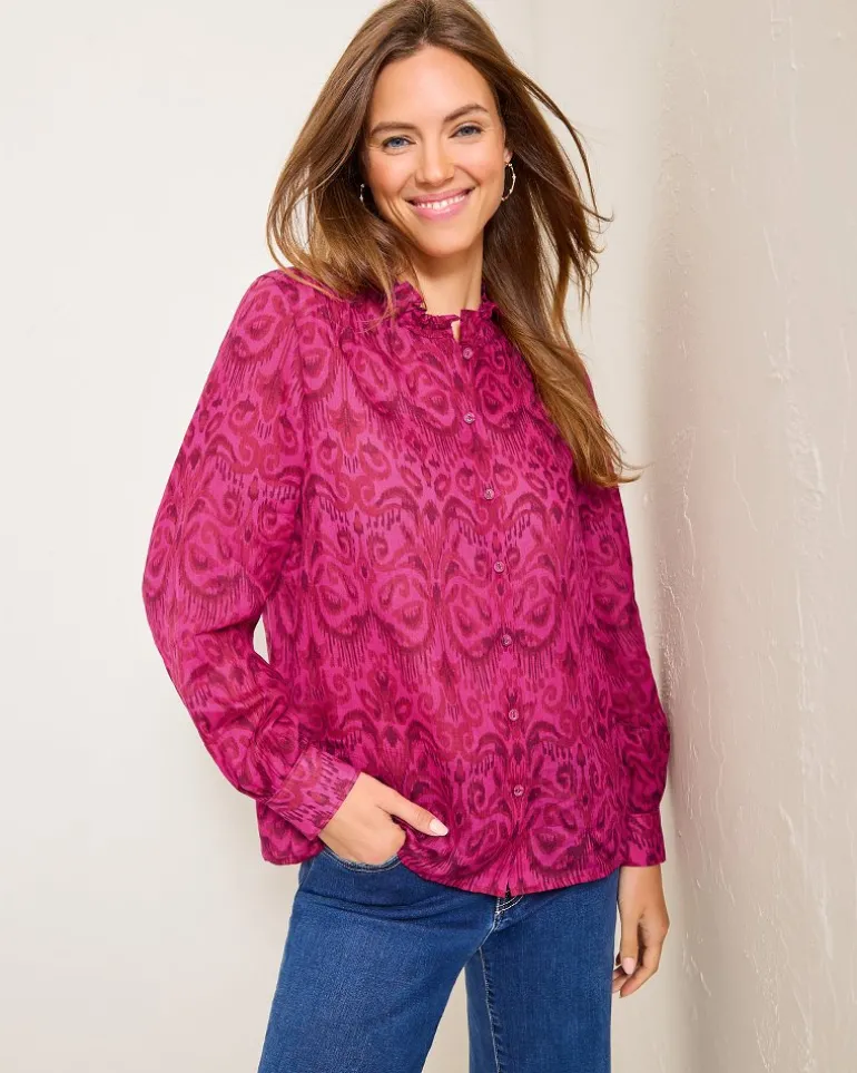 Best Sale Tommy Bahama Seaside Ikat Long-Sleeve Ruffle-Neck Top Pink Papaya