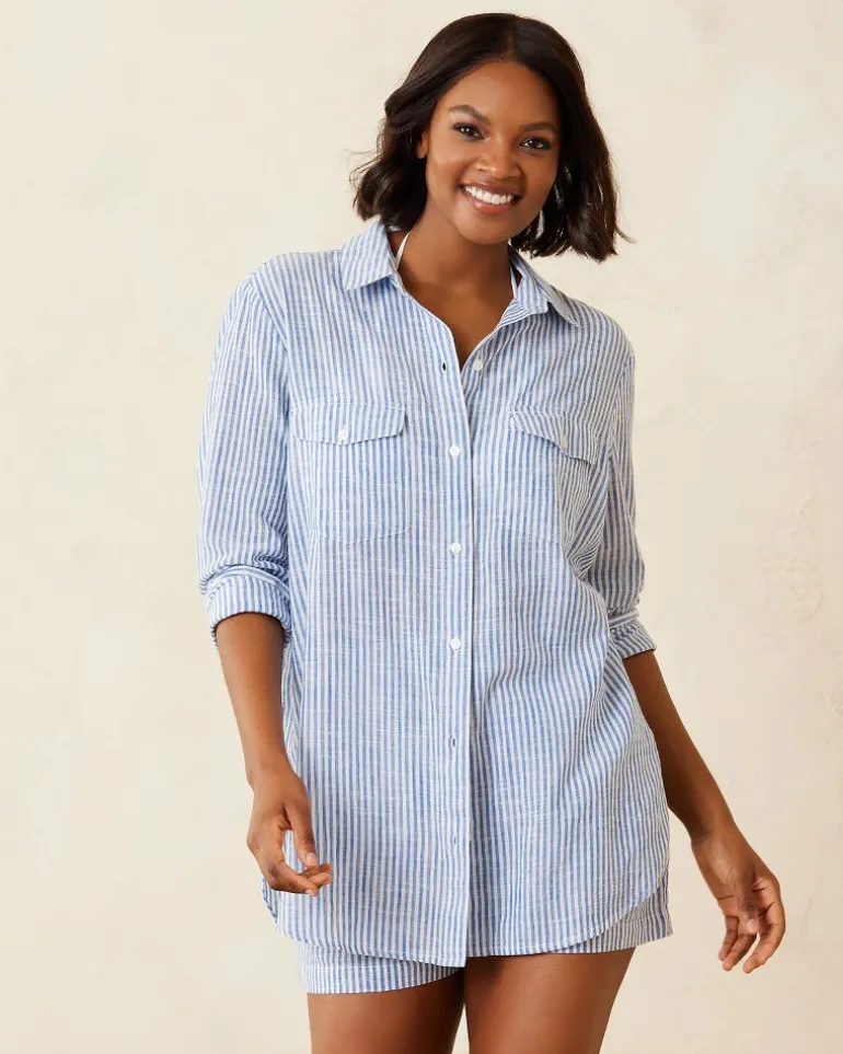 Flash Sale Tommy Bahama Shoreline Stripe Boyfriend Beach Shirt Beaming Blue