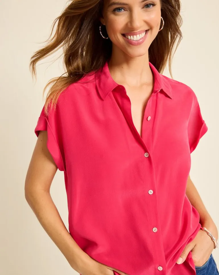 Clearance Tommy Bahama Silk Dolman Camp Shirt Raspberry Hibiscus