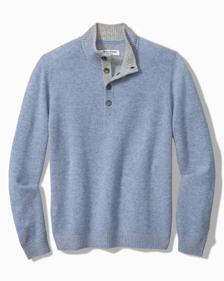 Store Tommy Bahama Soft Sands Cashmere Button-Mock Sweater Mystical Blue