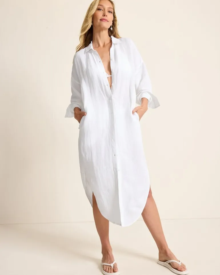 Best Sale Tommy Bahama St. Lucia Linen-Blend Coverup Shirt Dress White