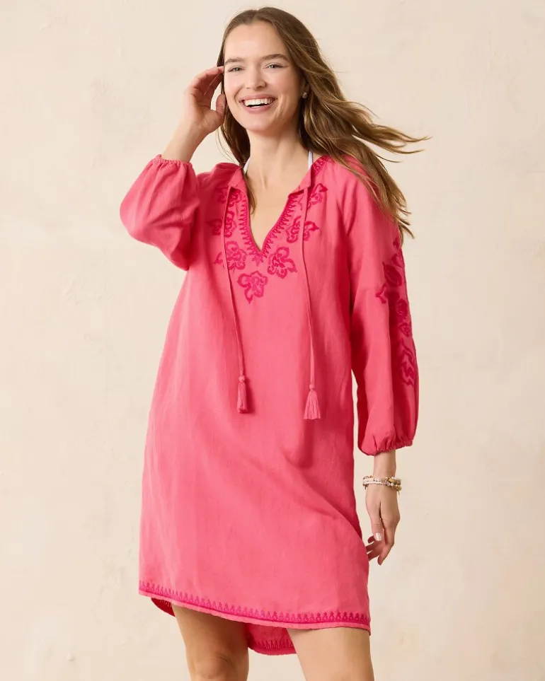 Outlet Tommy Bahama St. Lucia Linen-Blend Embroidered Coverup Dress Coral Coast