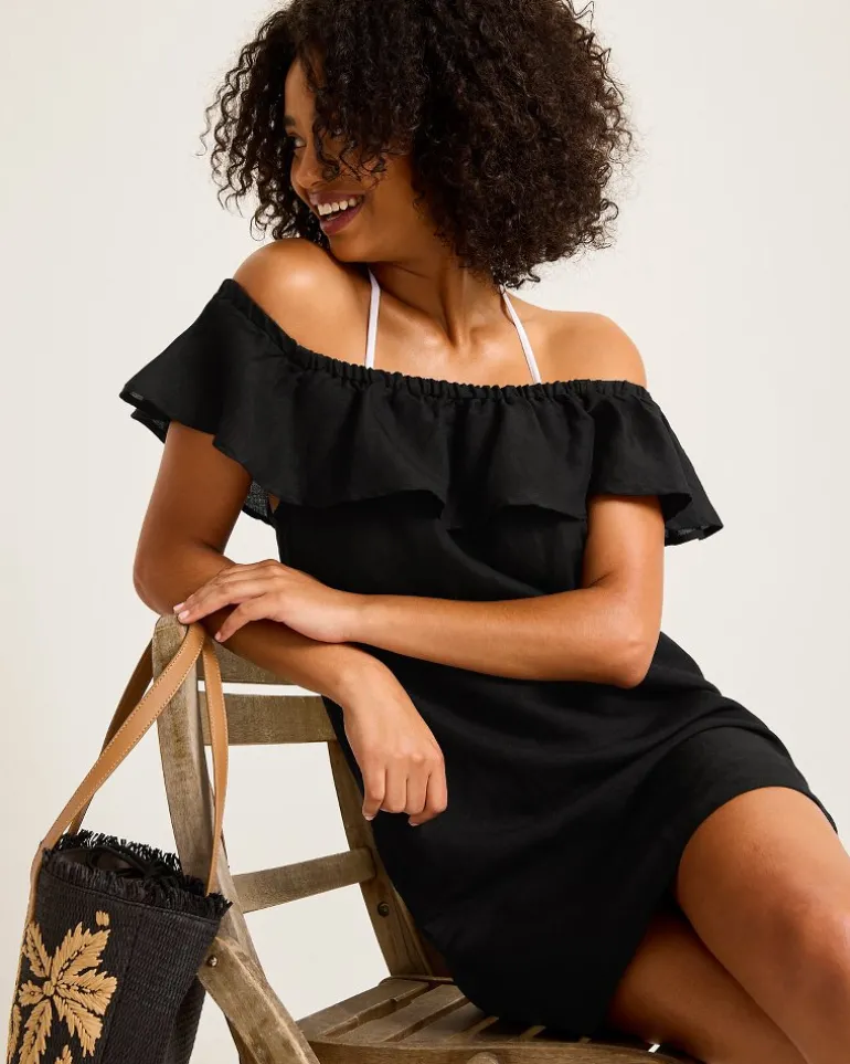 Shop Tommy Bahama St. Lucia Linen-Blend Off-the-Shoulder Coverup Dress Black