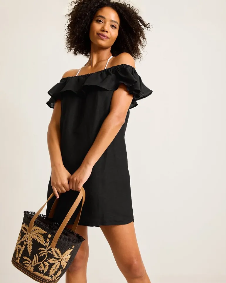 Shop Tommy Bahama St. Lucia Linen-Blend Off-the-Shoulder Coverup Dress Black