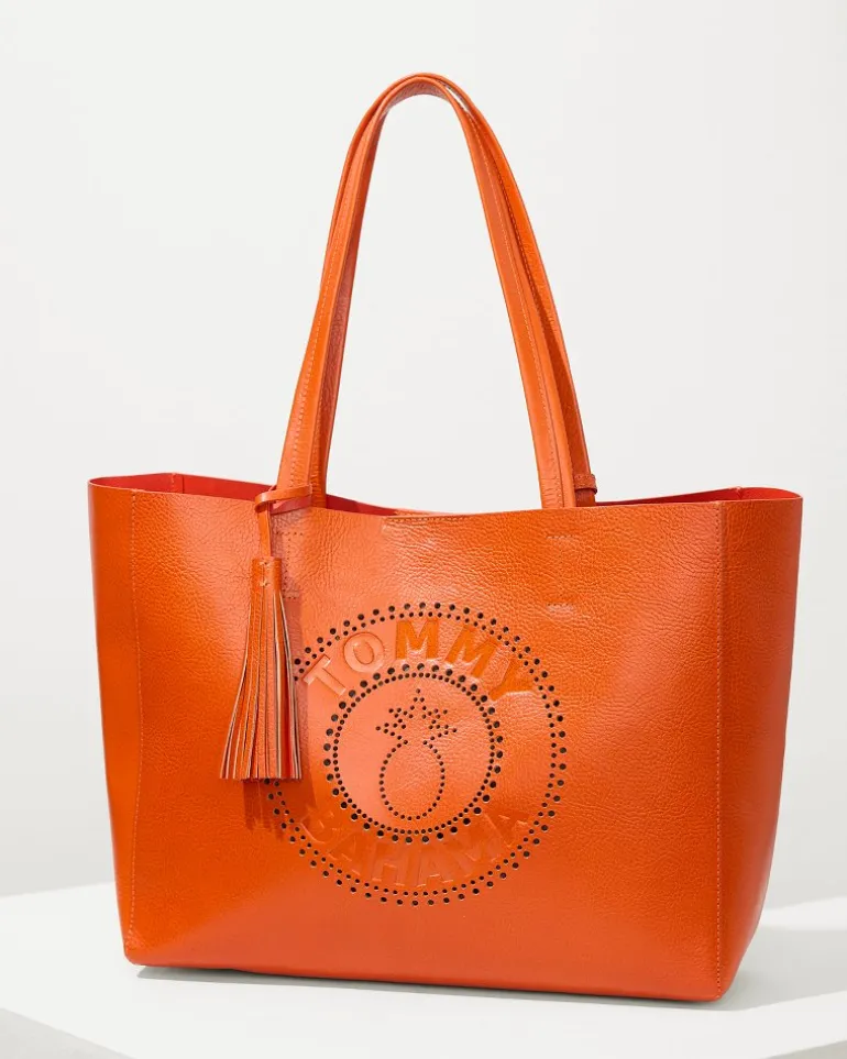 Clearance Tommy Bahama Perforated Leather Tote Orange