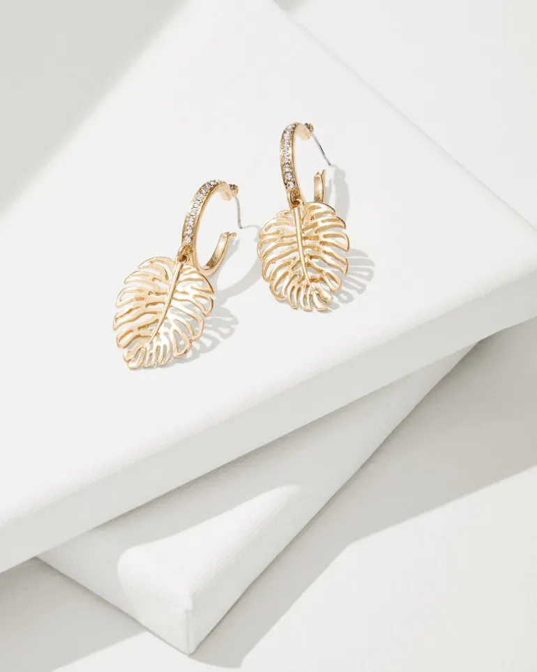 Clearance Tommy Bahama Tropical Blooms Pave Monstera Drop Hoop Earrings Gold