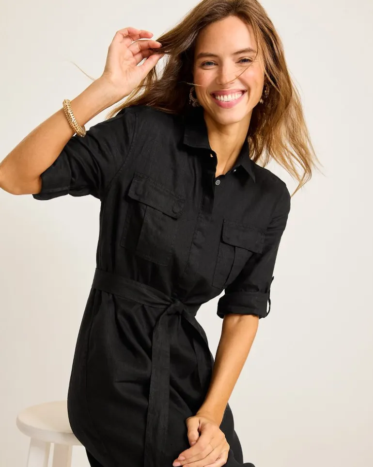 Store Tommy Bahama Two Palms Patch-Pocket Linen Dress Black