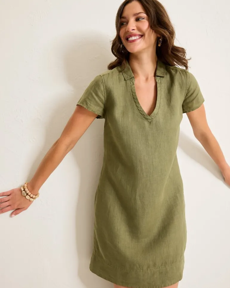 Outlet Tommy Bahama Two Palms Short-Sleeve Linen Collared Dress Tea Leaf