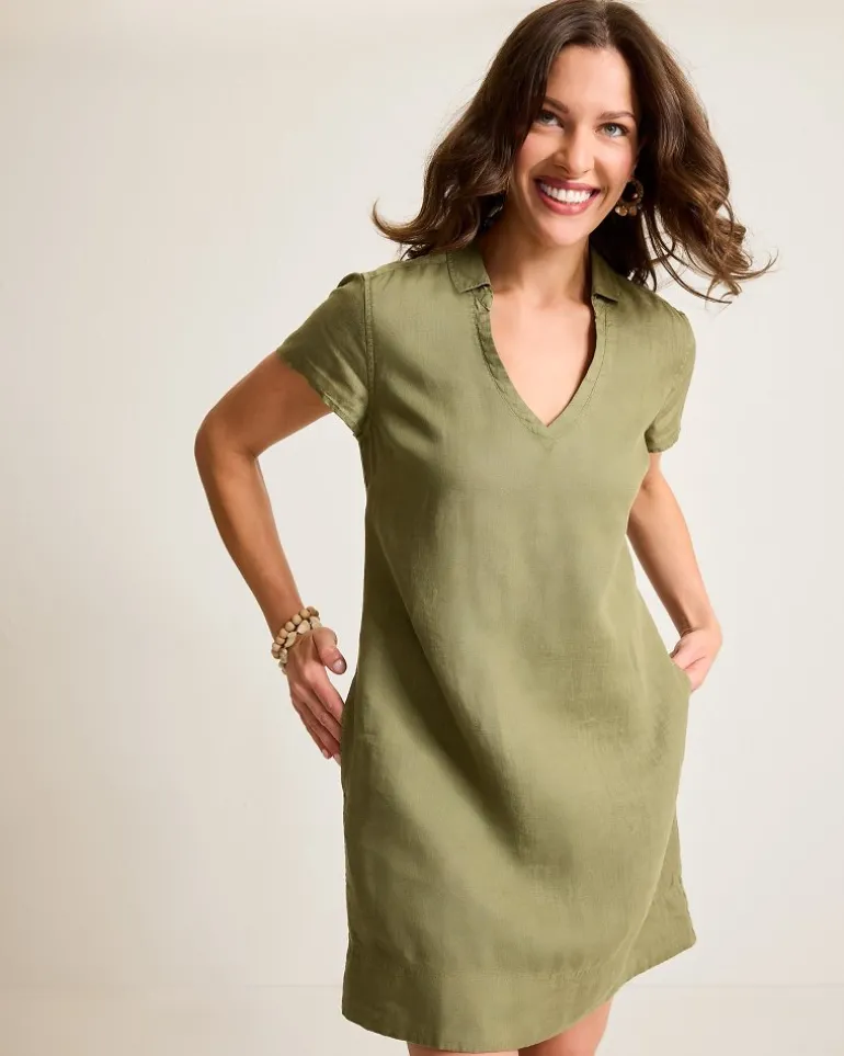 Outlet Tommy Bahama Two Palms Short-Sleeve Linen Collared Dress Tea Leaf