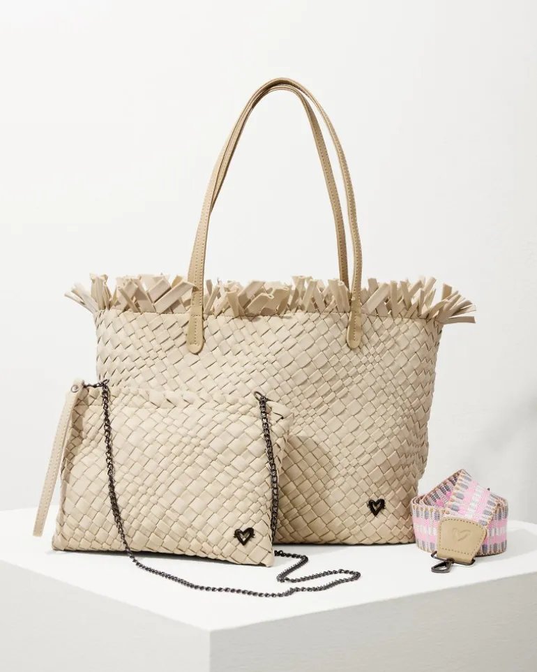 New Tommy Bahama Vulcan Fringe Top Large Tote & Wristlet Sand